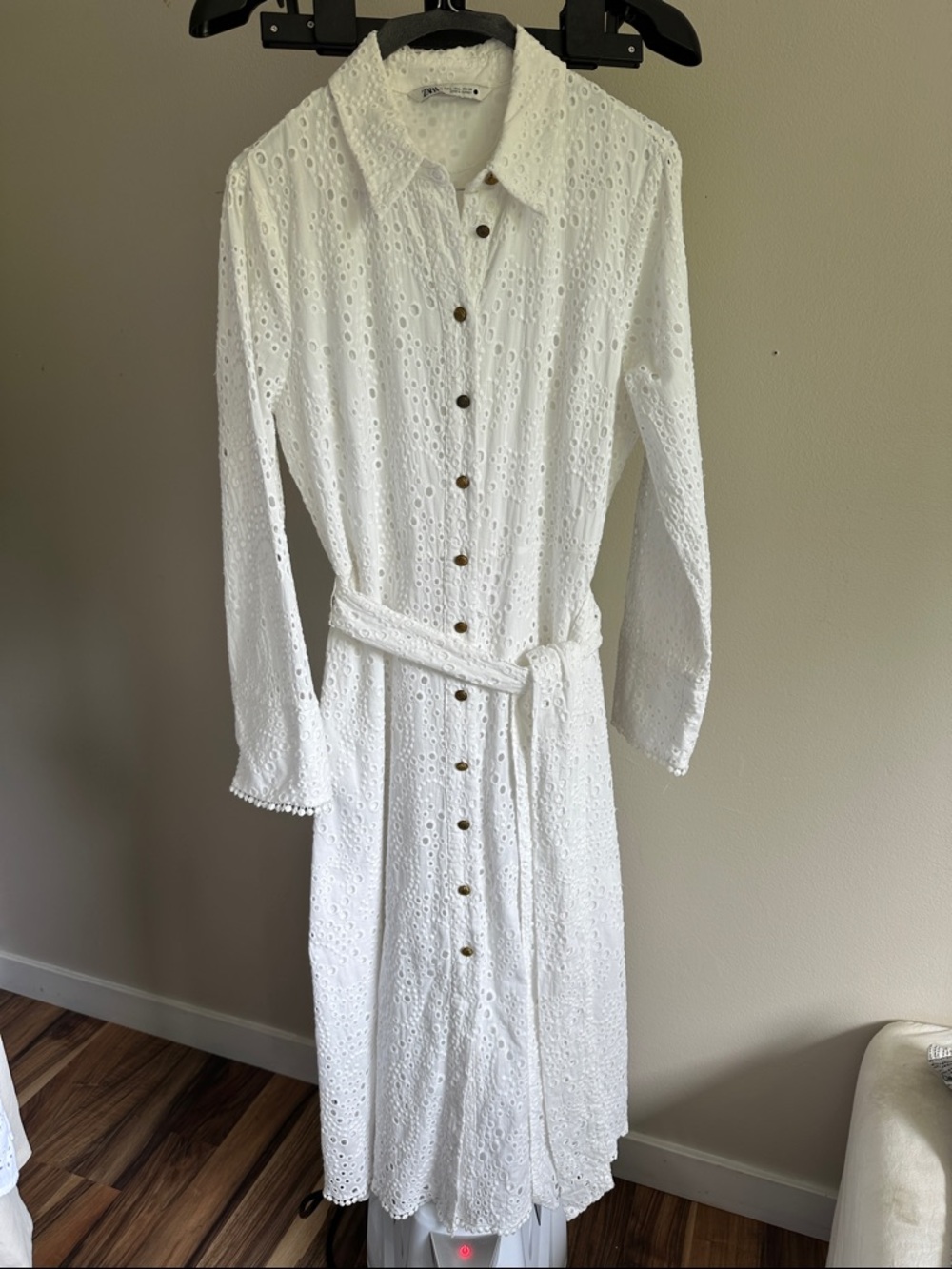 Zara White Eyelet Long-Sleeve Shirt Dress with Waist Tie